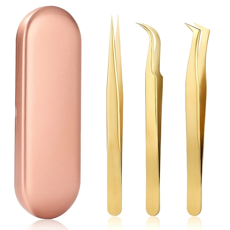 High Precision Eyelash Tweezers Set - Includes 3 Stainless Steel Eyelash Tweezers, Suitable For Classic Personal And Thick Eyelash Extensions. Equipped With Storage Box